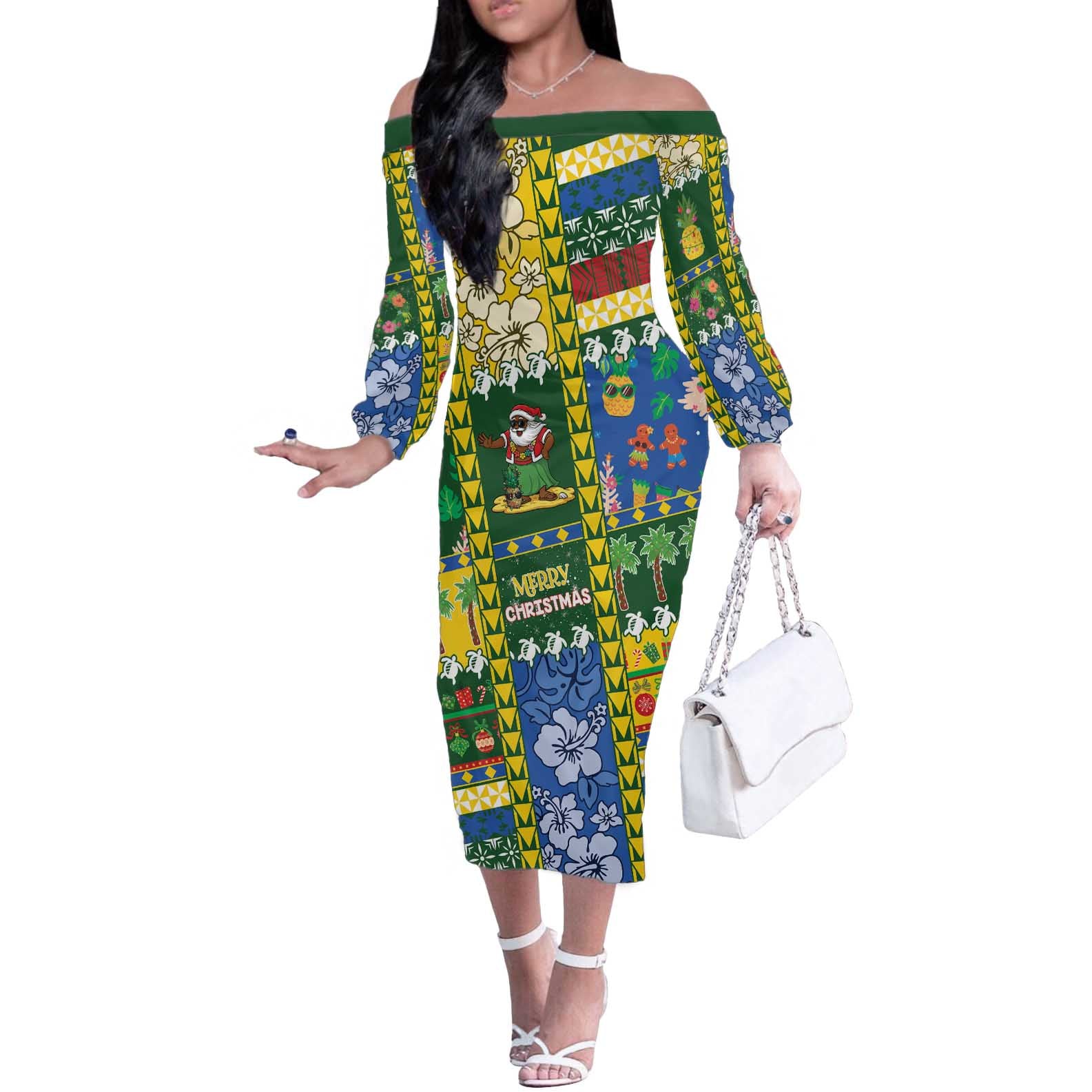 Solomon Islands Christmas Off The Shoulder Long Sleeve Dress Festive Beach Vibes - Polynesian Pride