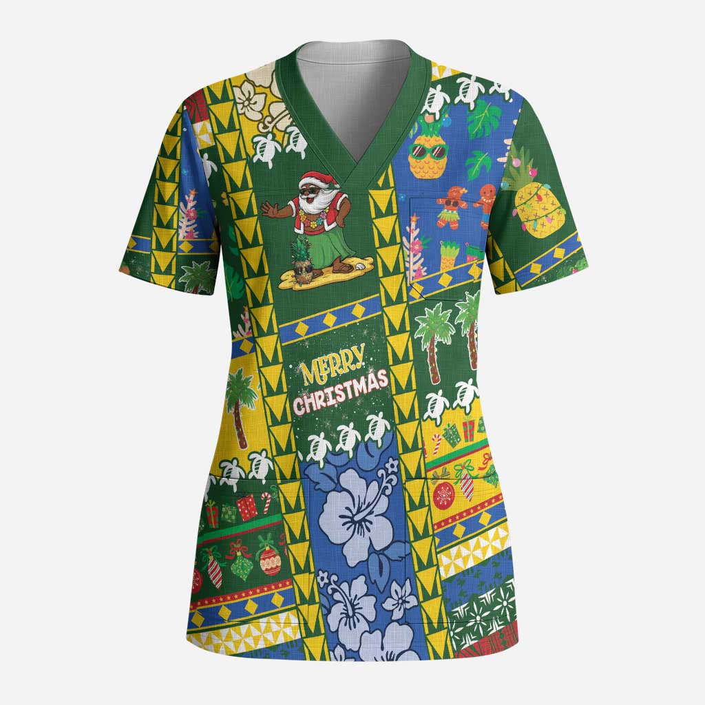 Solomon Islands Christmas Scrub Top Festive Beach Vibes LT05 Adult Green - Polynesian Pride