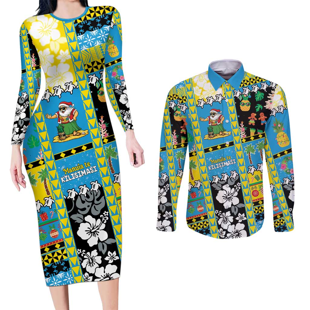 Tuvalu Christmas Couples Matching Long Sleeve Bodycon Dress and Long Sleeve Button Shirt Festive Beach Vibes LT05 Blue - Polynesian Pride