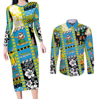 Tuvalu Christmas Couples Matching Long Sleeve Bodycon Dress and Long Sleeve Button Shirt Festive Beach Vibes LT05 Blue - Polynesian Pride