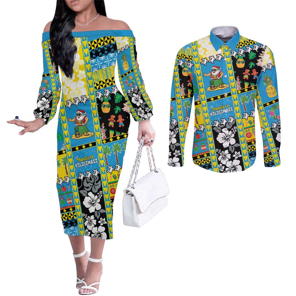Tuvalu Christmas Couples Matching Off The Shoulder Long Sleeve Dress and Long Sleeve Button Shirt Festive Beach Vibes LT05 Blue - Polynesian Pride