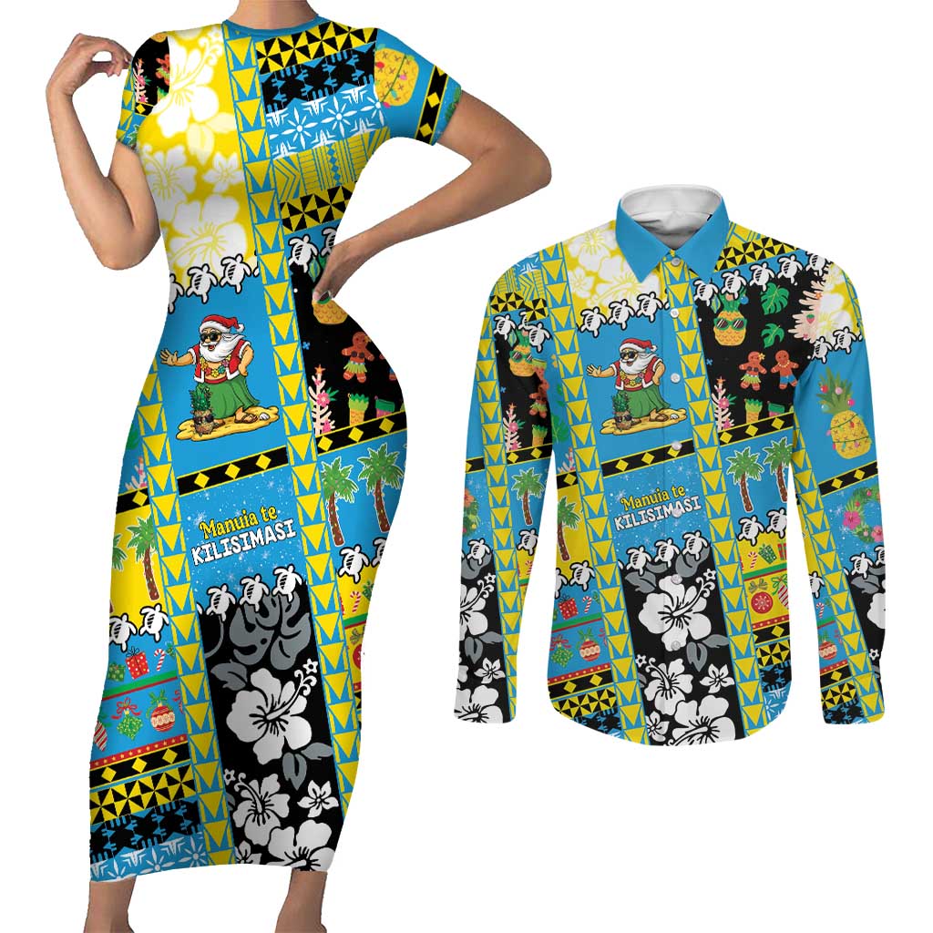 Tuvalu Christmas Couples Matching Short Sleeve Bodycon Dress and Long Sleeve Button Shirt Festive Beach Vibes LT05 Blue - Polynesian Pride