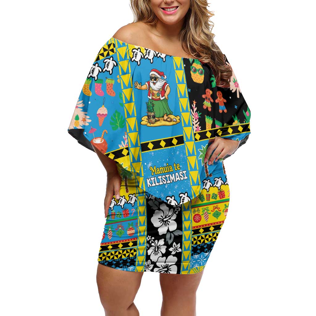 Tuvalu Christmas Off Shoulder Short Dress Festive Beach Vibes LT05 Women Blue - Polynesian Pride