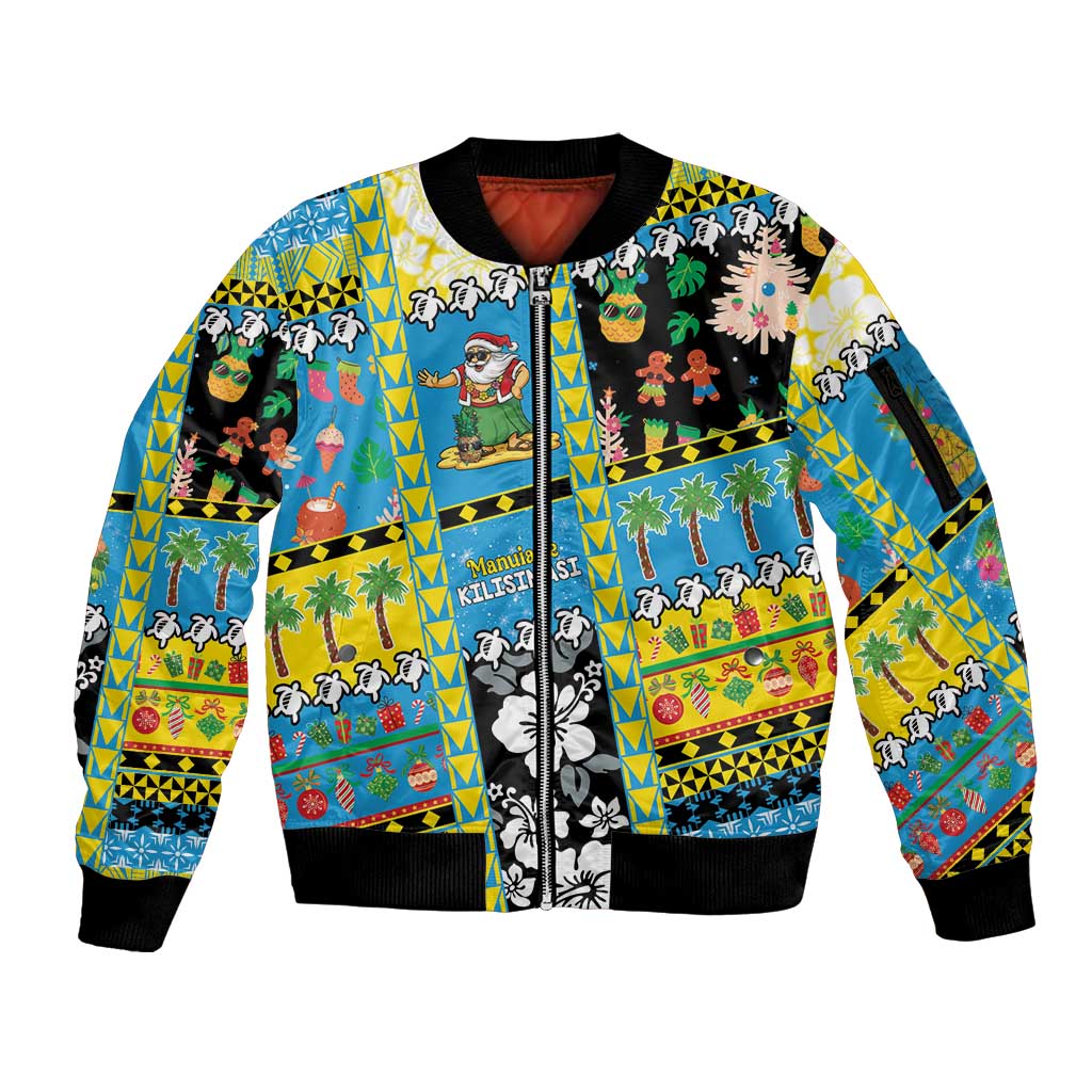 Tuvalu Christmas Sleeve Zip Bomber Jacket Festive Beach Vibes LT05 Unisex Blue - Polynesian Pride