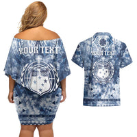 Samoa 685 Couples Matching Off Shoulder Short Dress and Hawaiian Shirt Polynesian Pattern Tie Dye Style