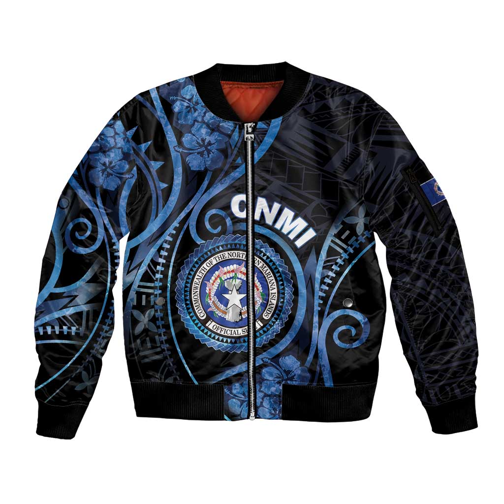 Personalized Northern Mariana Islands Sleeve Zip Bomber Jacket Ocean Floral Pattern LT05 Unisex Black - Polynesian Pride