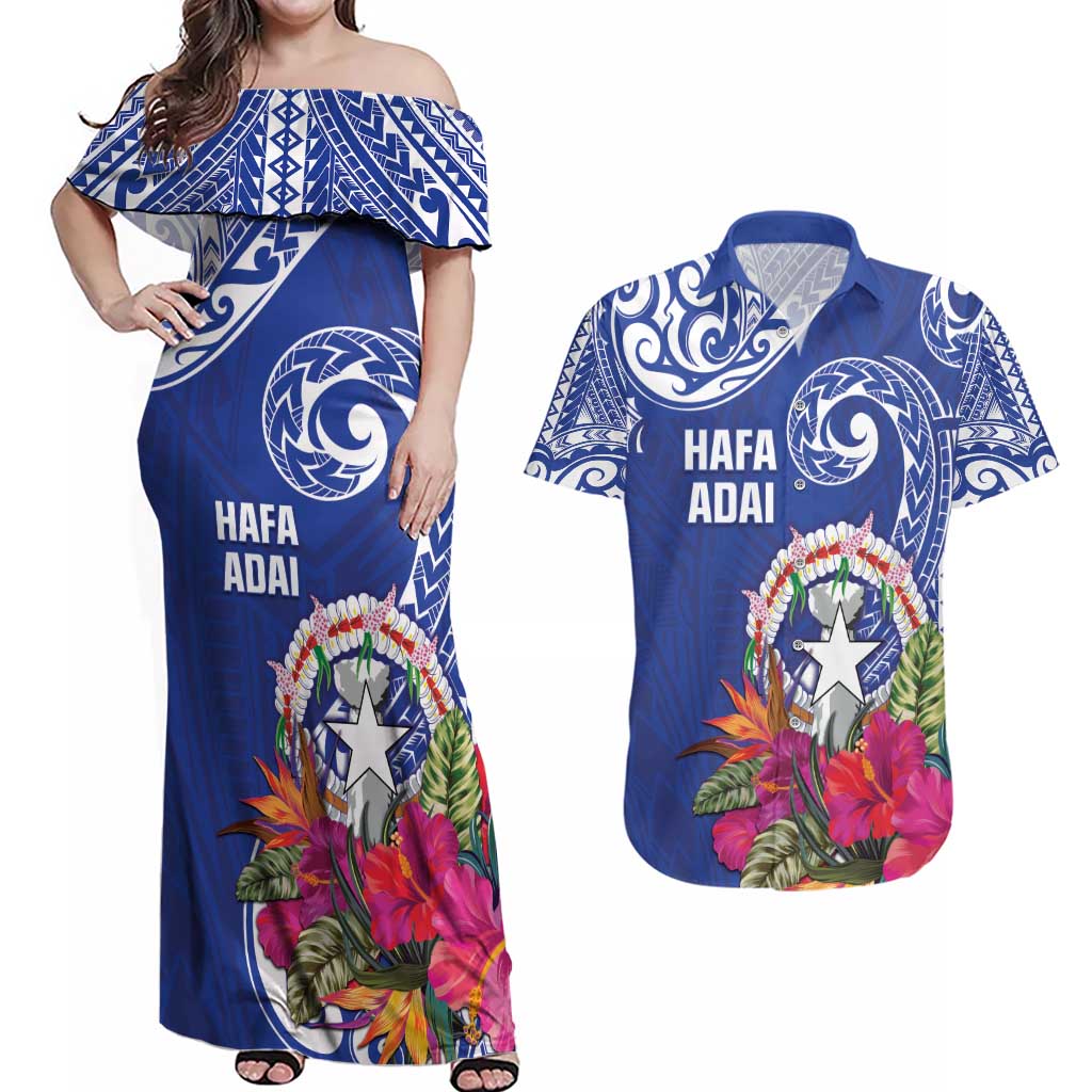 Hafa Adai Northern Mariana Islands Couples Matching Off Shoulder Maxi Dress and Hawaiian Shirt Polynesian Tribal Pattern LT05 Blue - Polynesian Pride