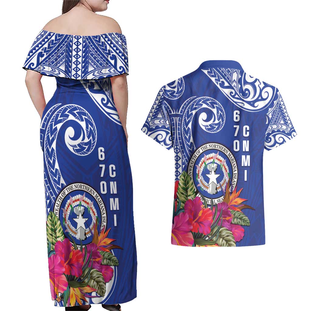 Hafa Adai Northern Mariana Islands Couples Matching Off Shoulder Maxi Dress and Hawaiian Shirt Polynesian Tribal Pattern LT05 - Polynesian Pride