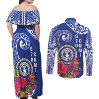 Hafa Adai Northern Mariana Islands Couples Matching Off Shoulder Maxi Dress and Long Sleeve Button Shirt Polynesian Tribal Pattern