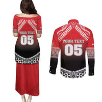 Custom Rugby Tonga MMT Couples Matching Puletasi and Long Sleeve Button Shirt Mana O Tonga LT05 - Polynesian Pride