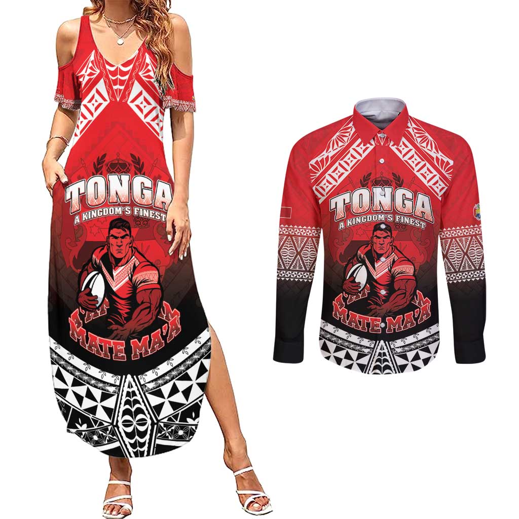 Custom Rugby Tonga MMT Couples Matching Summer Maxi Dress and Long Sleeve Button Shirt Mana O Tonga LT05 Red - Polynesian Pride