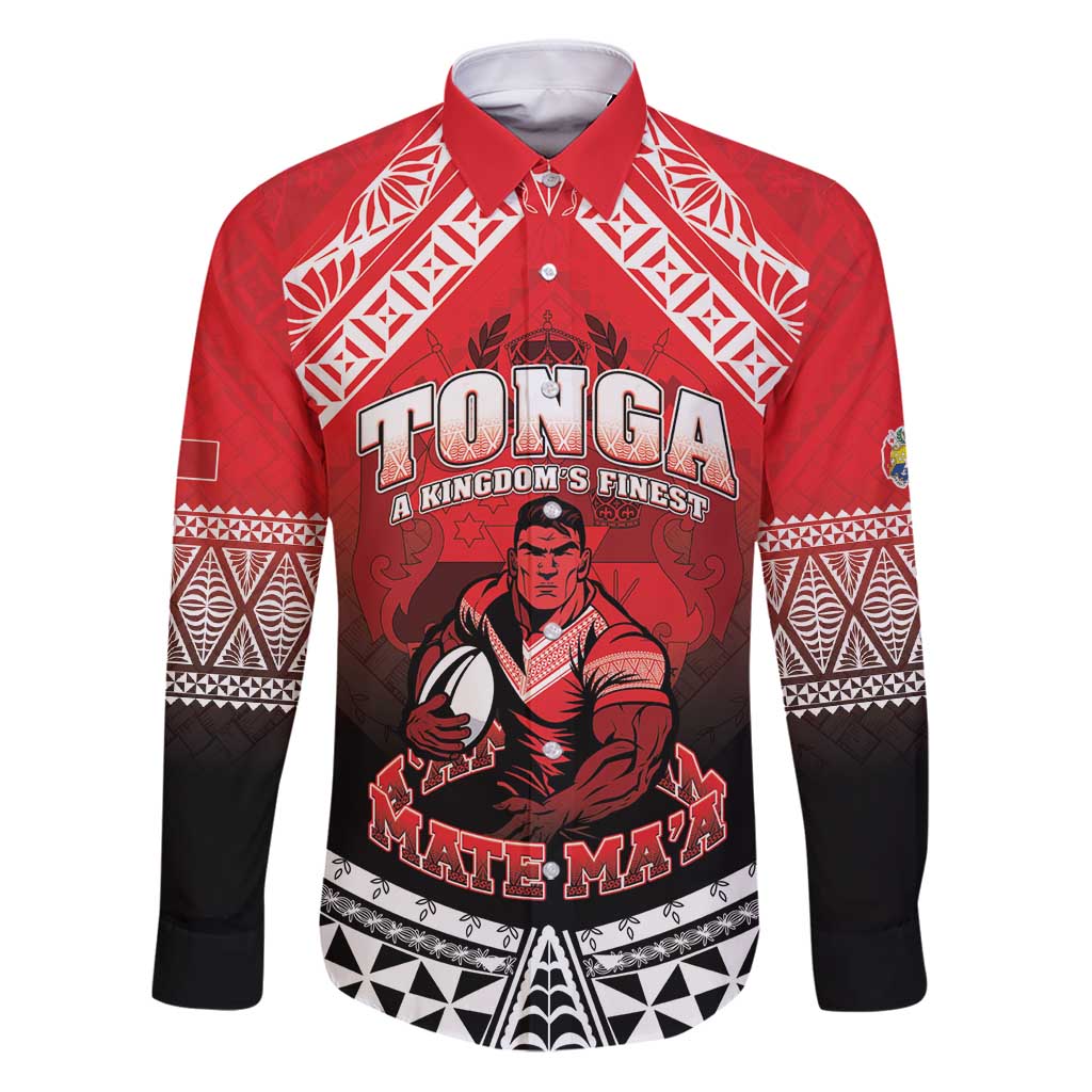 Custom Rugby Tonga MMT Family Matching Puletasi and Hawaiian Shirt Mana O Tonga LT05 Dad's Shirt - Long Sleeve Red - Polynesian Pride