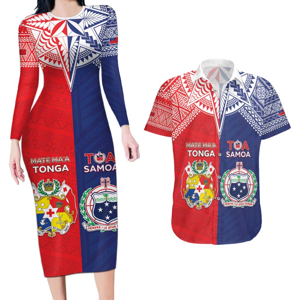 Custom Rugby Samoa And Tonga Couples Matching Long Sleeve Bodycon Dress and Hawaiian Shirt Toa Samoa With Mate Maa - Polynesian Pride