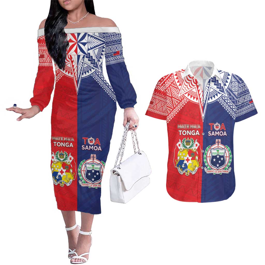 Custom Rugby Samoa And Tonga Couples Matching Off The Shoulder Long Sleeve Dress and Hawaiian Shirt Toa Samoa With Mate Maa - Polynesian Pride