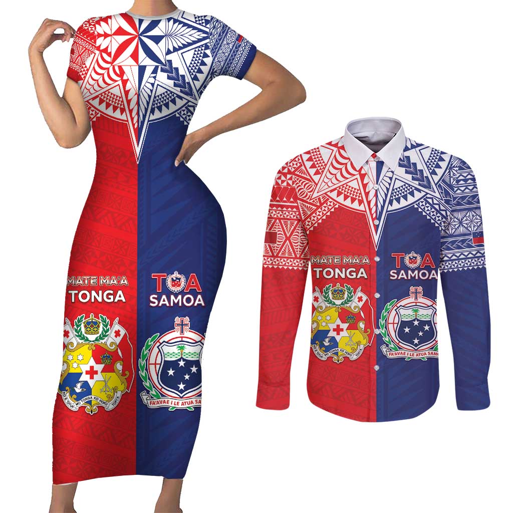 Custom Rugby Samoa And Tonga Couples Matching Short Sleeve Bodycon Dress and Long Sleeve Button Shirt Toa Samoa With Mate Maa LT05 Multicolor - Polynesian Pride