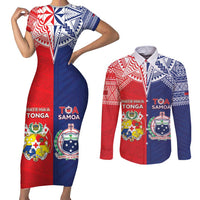Custom Rugby Samoa And Tonga Couples Matching Short Sleeve Bodycon Dress and Long Sleeve Button Shirt Toa Samoa With Mate Maa LT05 Multicolor - Polynesian Pride