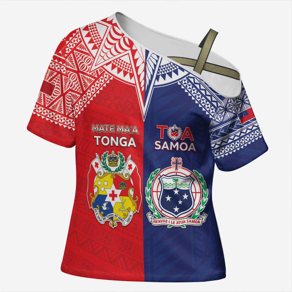 Custom Rugby Samoa And Tonga Cross Shoulder Shirt Toa Samoa With Mate Maa LT05 Female Multicolor - Polynesian Pride