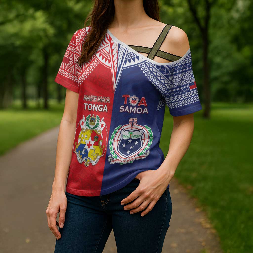 Custom Rugby Samoa And Tonga Cross Shoulder Shirt Toa Samoa With Mate Maa LT05 - Polynesian Pride