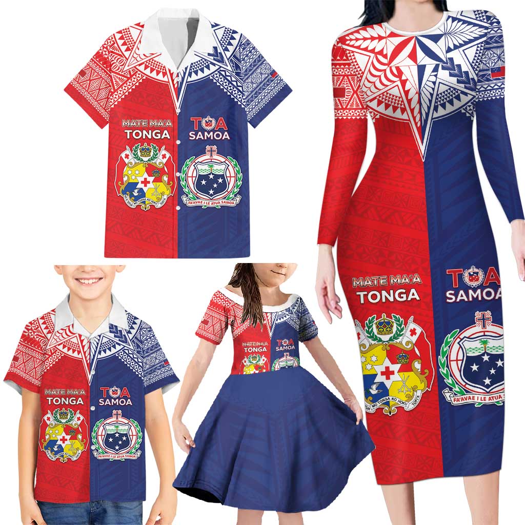Custom Rugby Samoa And Tonga Family Matching Long Sleeve Bodycon Dress and Hawaiian Shirt Toa Samoa With Mate Maa - Polynesian Pride