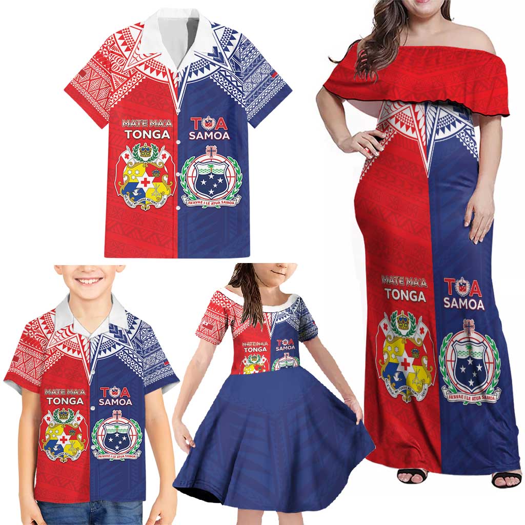 Custom Rugby Samoa And Tonga Family Matching Off Shoulder Maxi Dress and Hawaiian Shirt Toa Samoa With Mate Maa - Polynesian Pride