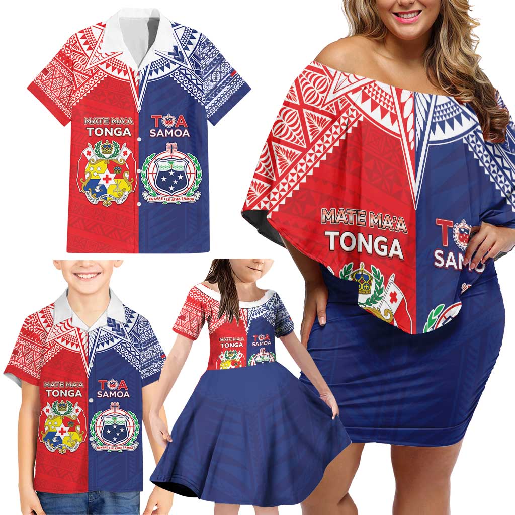 Custom Rugby Samoa And Tonga Family Matching Off Shoulder Short Dress and Hawaiian Shirt Toa Samoa With Mate Maa - Polynesian Pride