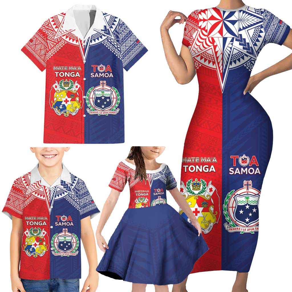 Custom Rugby Samoa And Tonga Family Matching Short Sleeve Bodycon Dress and Hawaiian Shirt Toa Samoa With Mate Maa - Polynesian Pride