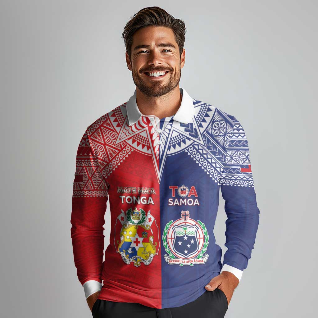 Custom Rugby Samoa And Tonga Long Sleeve Polo Shirt Toa Samoa With Mate Maa LT05 - Polynesian Pride