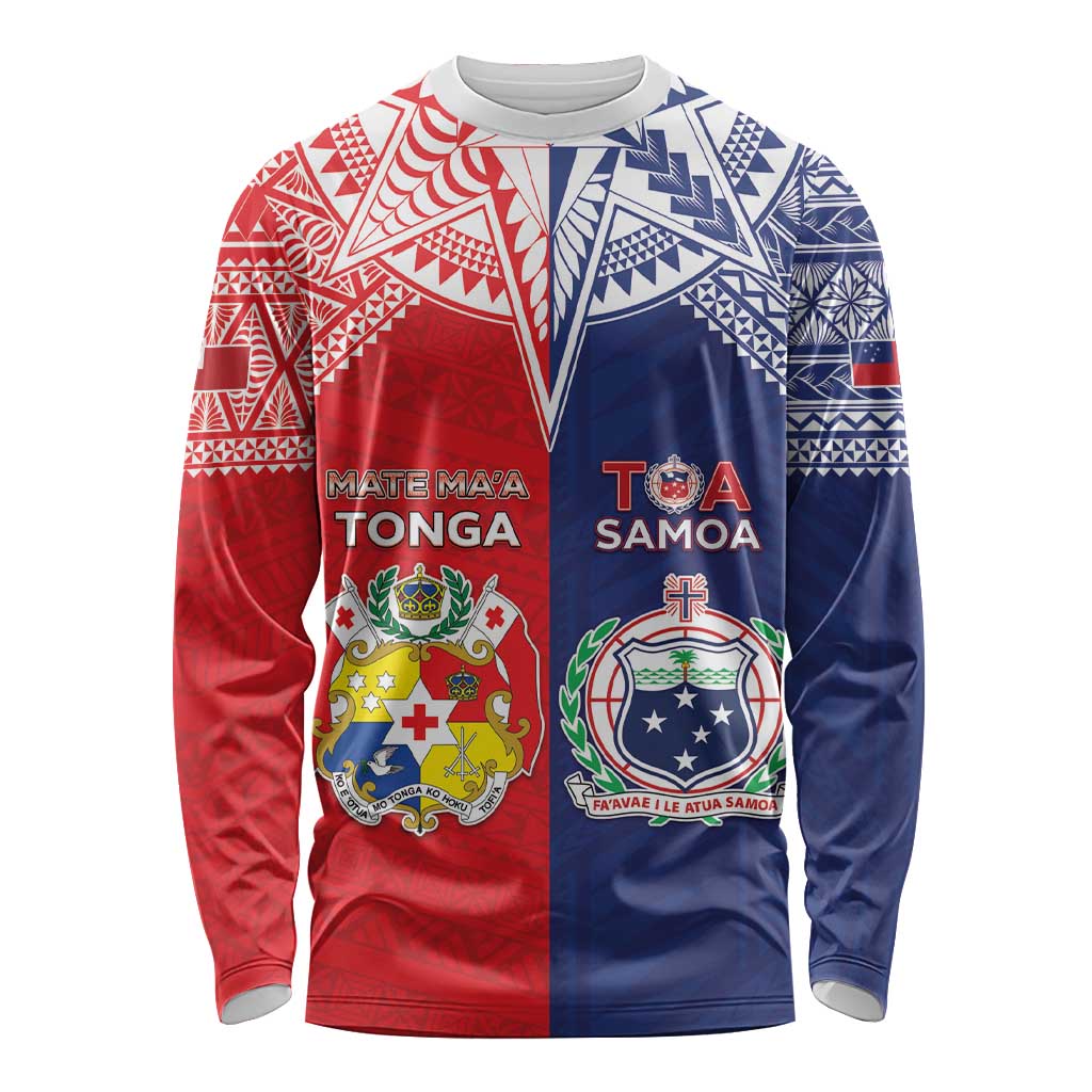 Custom Rugby Samoa And Tonga Long Sleeve Shirt Toa Samoa With Mate Maa LT05 Unisex Multicolor - Polynesian Pride