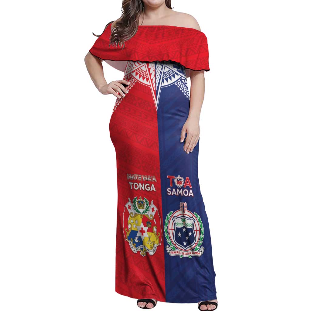 Custom Rugby Samoa And Tonga Off Shoulder Maxi Dress Toa Samoa With Mate Maa LT05 Women Multicolor - Polynesian Pride