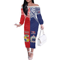 Custom Rugby Samoa And Tonga Off The Shoulder Long Sleeve Dress Toa Samoa With Mate Maa LT05 Women Multicolor - Polynesian Pride
