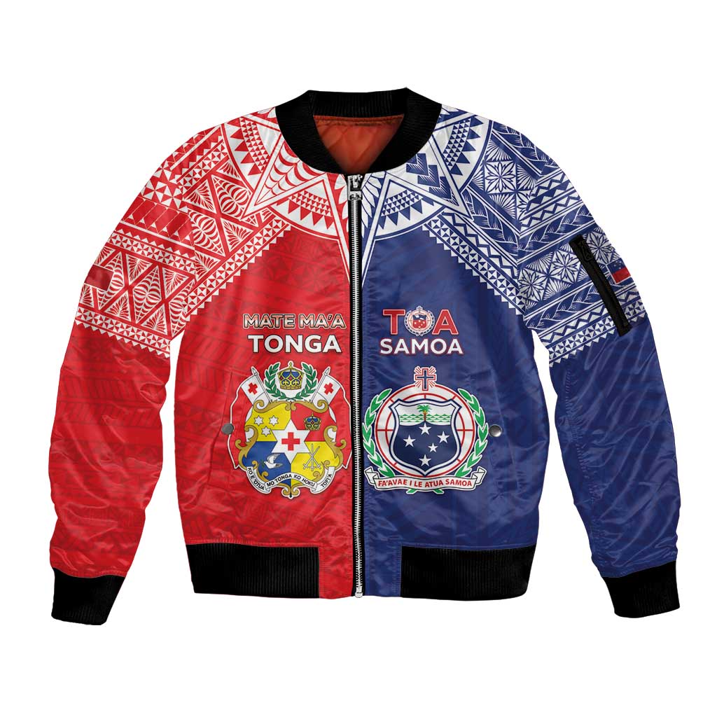Custom Rugby Samoa And Tonga Sleeve Zip Bomber Jacket Toa Samoa With Mate Maa LT05 Unisex Multicolor - Polynesian Pride