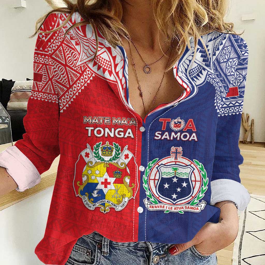 Custom Rugby Samoa And Tonga Women Casual Shirt Toa Samoa With Mate Maa LT05 Female Multicolor - Polynesian Pride