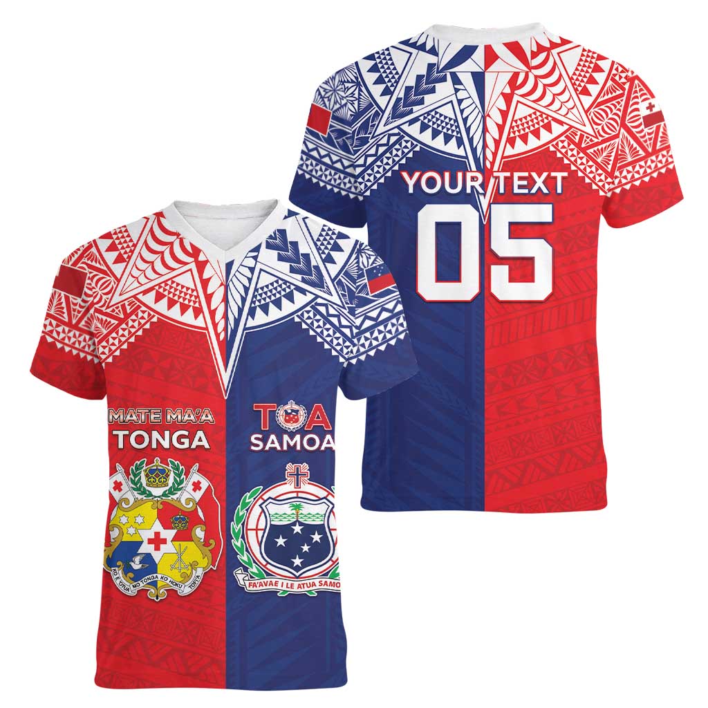 Custom Rugby Samoa And Tonga Women V-Neck T-Shirt Toa Samoa With Mate Maa LT05 - Polynesian Pride