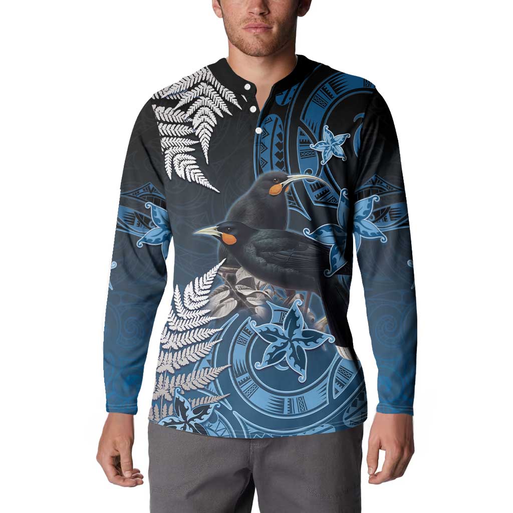New Zealand Huia Bird Button Sweatshirt Aotearoa Maori Pattern