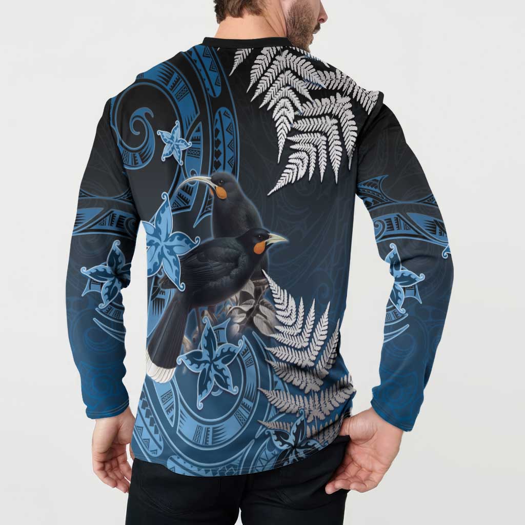 New Zealand Huia Bird Button Sweatshirt Aotearoa Maori Pattern