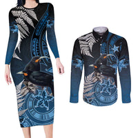 New Zealand Huia Bird Couples Matching Long Sleeve Bodycon Dress and Long Sleeve Button Shirt Aotearoa Maori Pattern LT05 Navy - Polynesian Pride