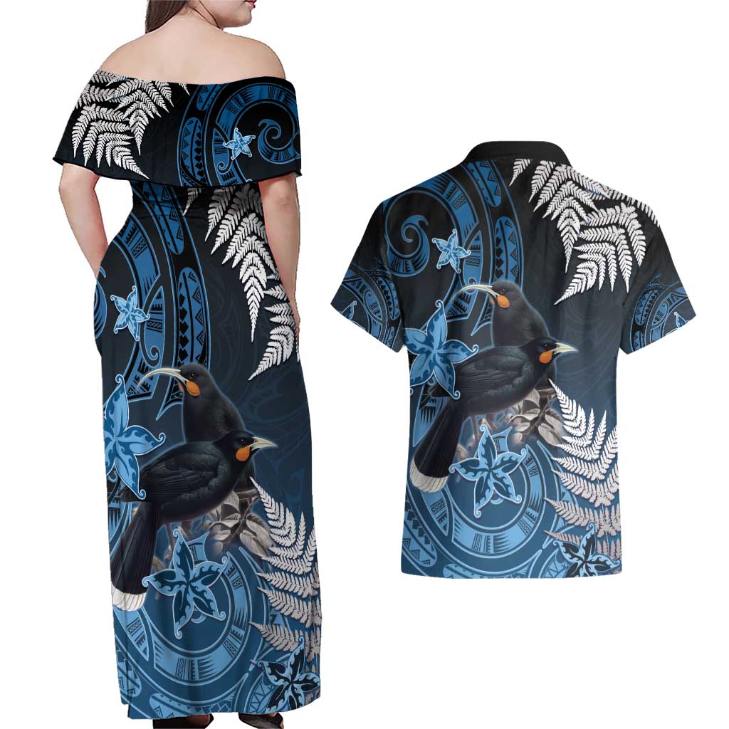 New Zealand Huia Bird Couples Matching Off Shoulder Maxi Dress and Hawaiian Shirt Aotearoa Maori Pattern LT05 - Polynesian Pride