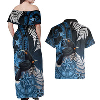 New Zealand Huia Bird Couples Matching Off Shoulder Maxi Dress and Hawaiian Shirt Aotearoa Maori Pattern LT05 - Polynesian Pride