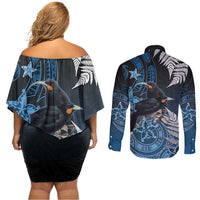 New Zealand Huia Bird Couples Matching Off Shoulder Short Dress and Long Sleeve Button Shirt Aotearoa Maori Pattern LT05 - Polynesian Pride