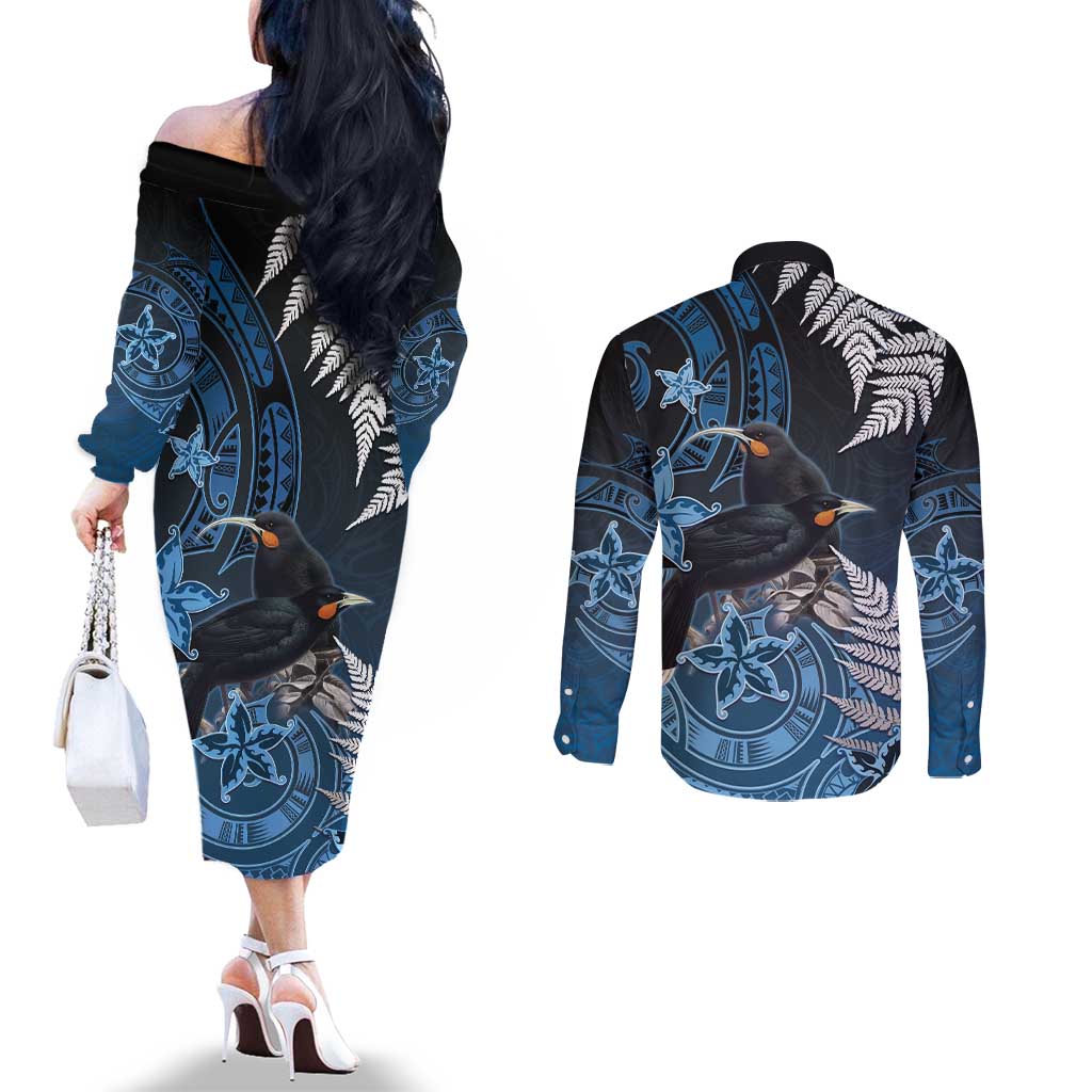 New Zealand Huia Bird Couples Matching Off The Shoulder Long Sleeve Dress and Long Sleeve Button Shirt Aotearoa Maori Pattern LT05 - Polynesian Pride