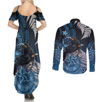 New Zealand Huia Bird Couples Matching Summer Maxi Dress and Long Sleeve Button Shirt Aotearoa Maori Pattern LT05 - Polynesian Pride