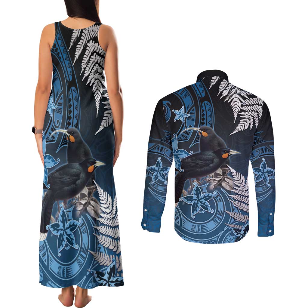 New Zealand Huia Bird Couples Matching Tank Maxi Dress and Long Sleeve Button Shirt Aotearoa Maori Pattern LT05 - Polynesian Pride