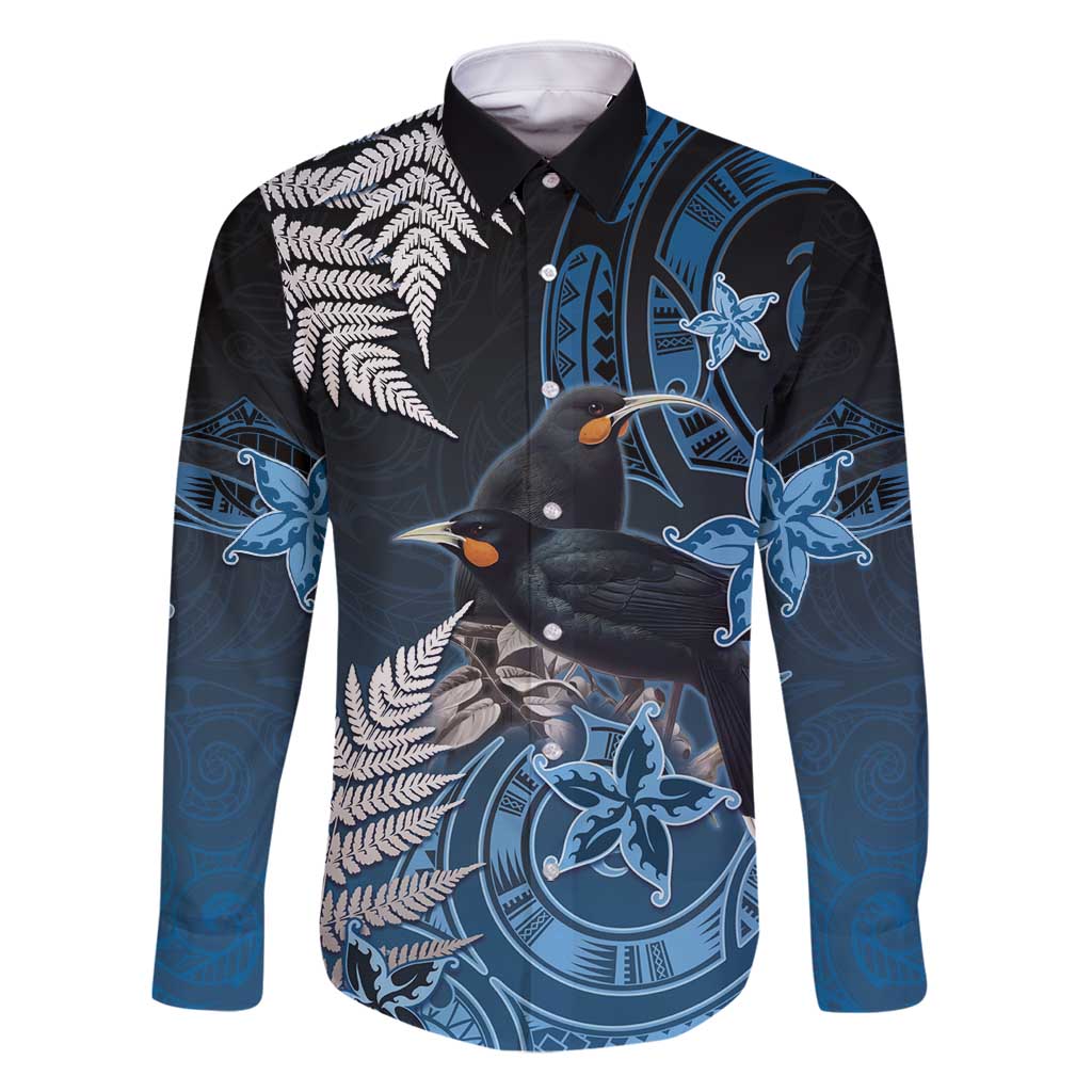New Zealand Huia Bird Family Matching Long Sleeve Bodycon Dress and Hawaiian Shirt Aotearoa Maori Pattern LT05 Dad's Shirt - Long Sleeve Navy - Polynesian Pride