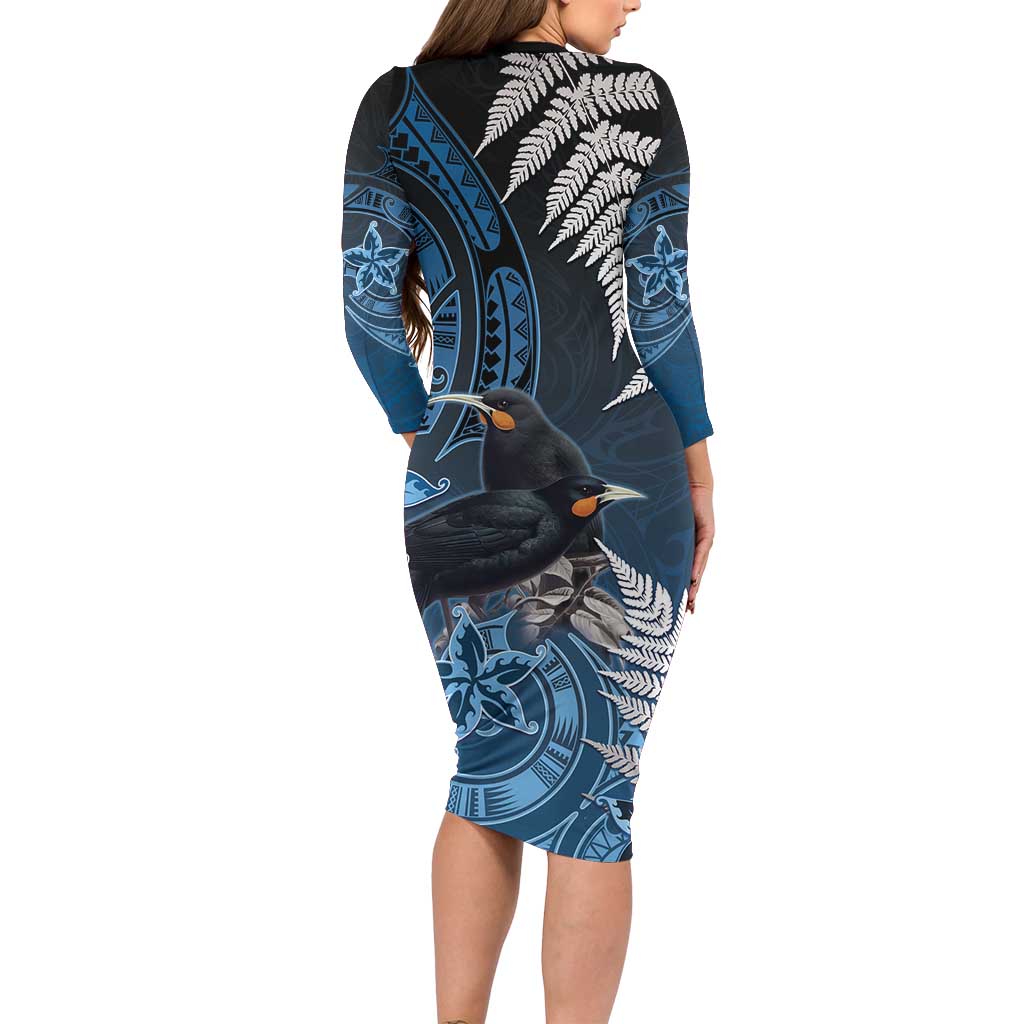 New Zealand Huia Bird Family Matching Long Sleeve Bodycon Dress and Hawaiian Shirt Aotearoa Maori Pattern LT05 - Polynesian Pride