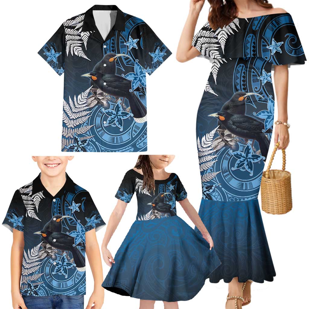 New Zealand Huia Bird Family Matching Mermaid Dress and Hawaiian Shirt Aotearoa Maori Pattern LT05 - Polynesian Pride
