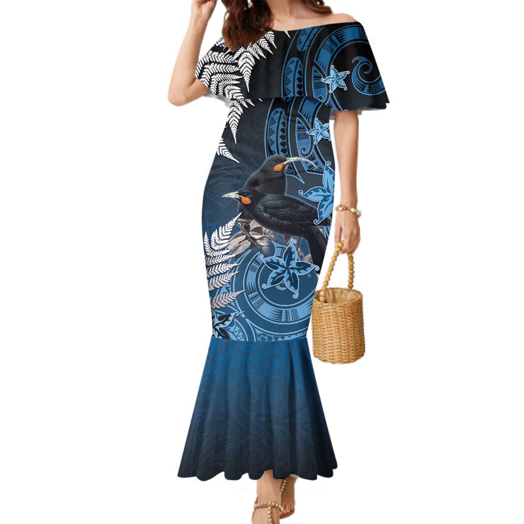 New Zealand Huia Bird Family Matching Mermaid Dress and Hawaiian Shirt Aotearoa Maori Pattern LT05 Mom's Dress Navy - Polynesian Pride