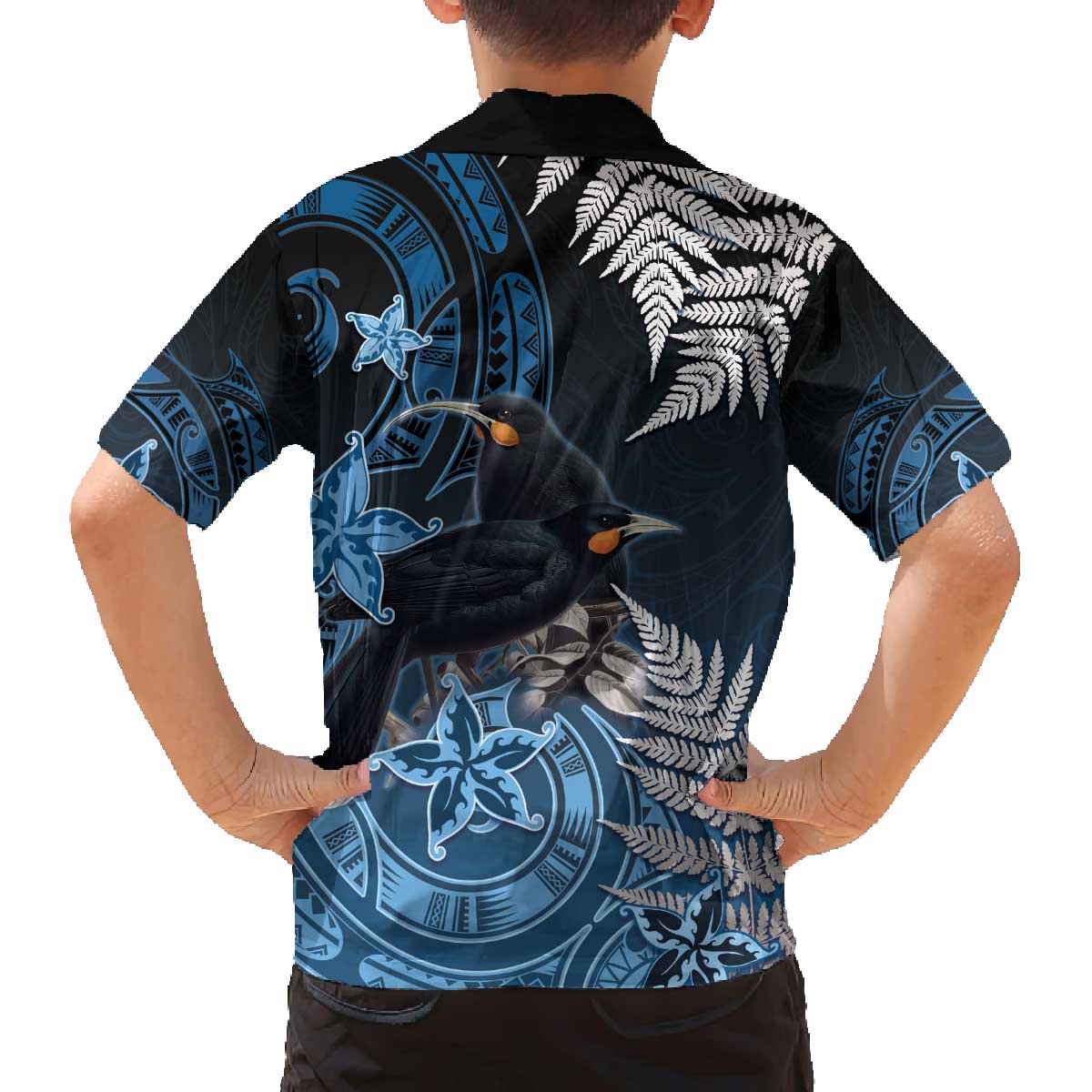 New Zealand Huia Bird Family Matching Off The Shoulder Long Sleeve Dress and Hawaiian Shirt Aotearoa Maori Pattern