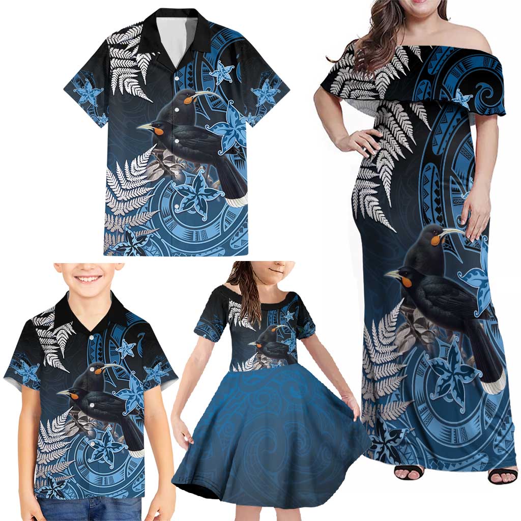 New Zealand Huia Bird Family Matching Off Shoulder Maxi Dress and Hawaiian Shirt Aotearoa Maori Pattern LT05 - Polynesian Pride