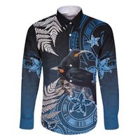 New Zealand Huia Bird Family Matching Off Shoulder Maxi Dress and Hawaiian Shirt Aotearoa Maori Pattern LT05 Dad's Shirt - Long Sleeve Navy - Polynesian Pride