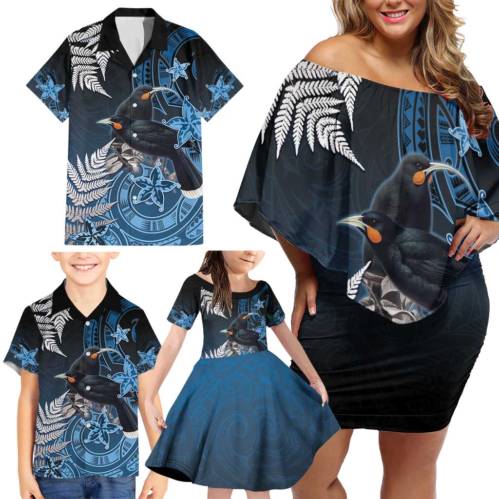 New Zealand Huia Bird Family Matching Off Shoulder Short Dress and Hawaiian Shirt Aotearoa Maori Pattern LT05 - Polynesian Pride